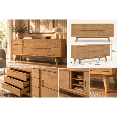 Komoda z litego drewna 160 × 70 × 45 cm – 3 szuflady i pojemne szafki